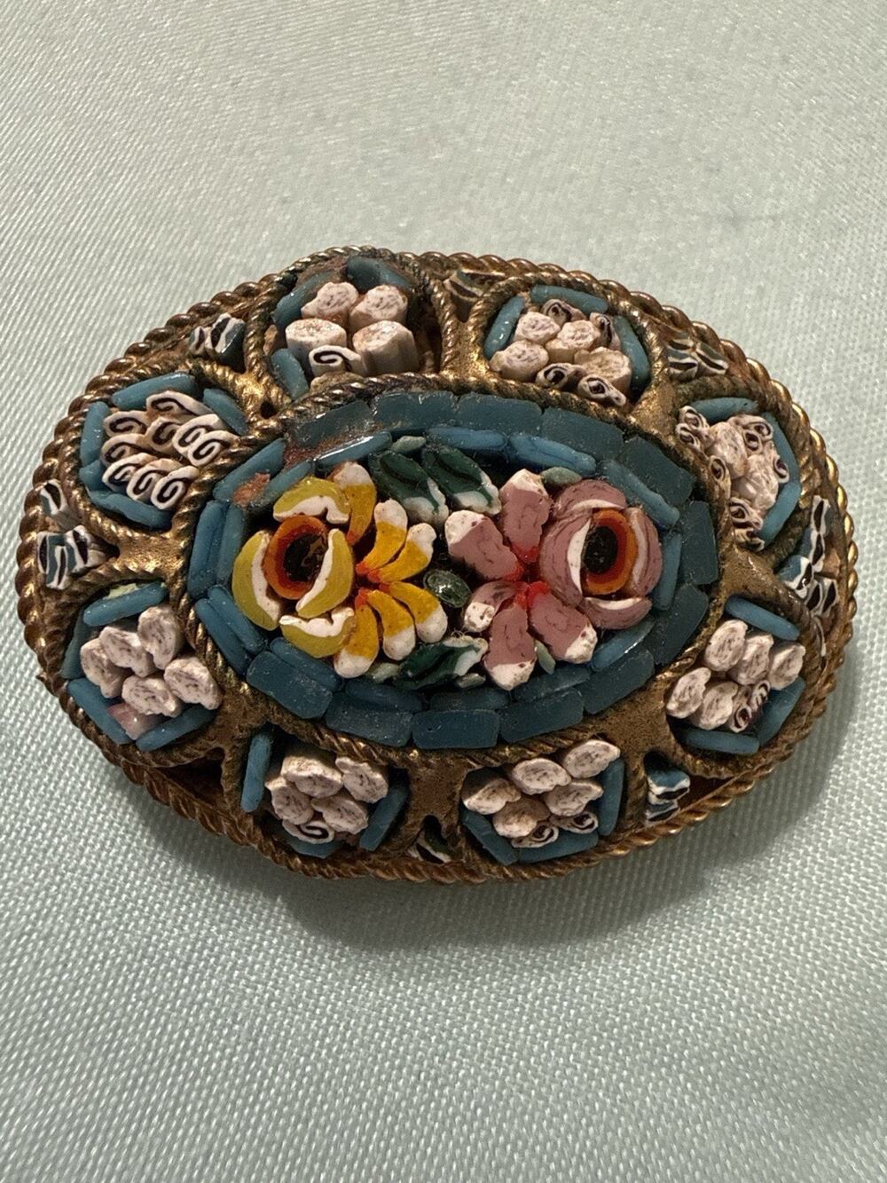 Vintage Italian Micro Mosaic Floral Brooch Glass Tesserae Oval Brass Pin